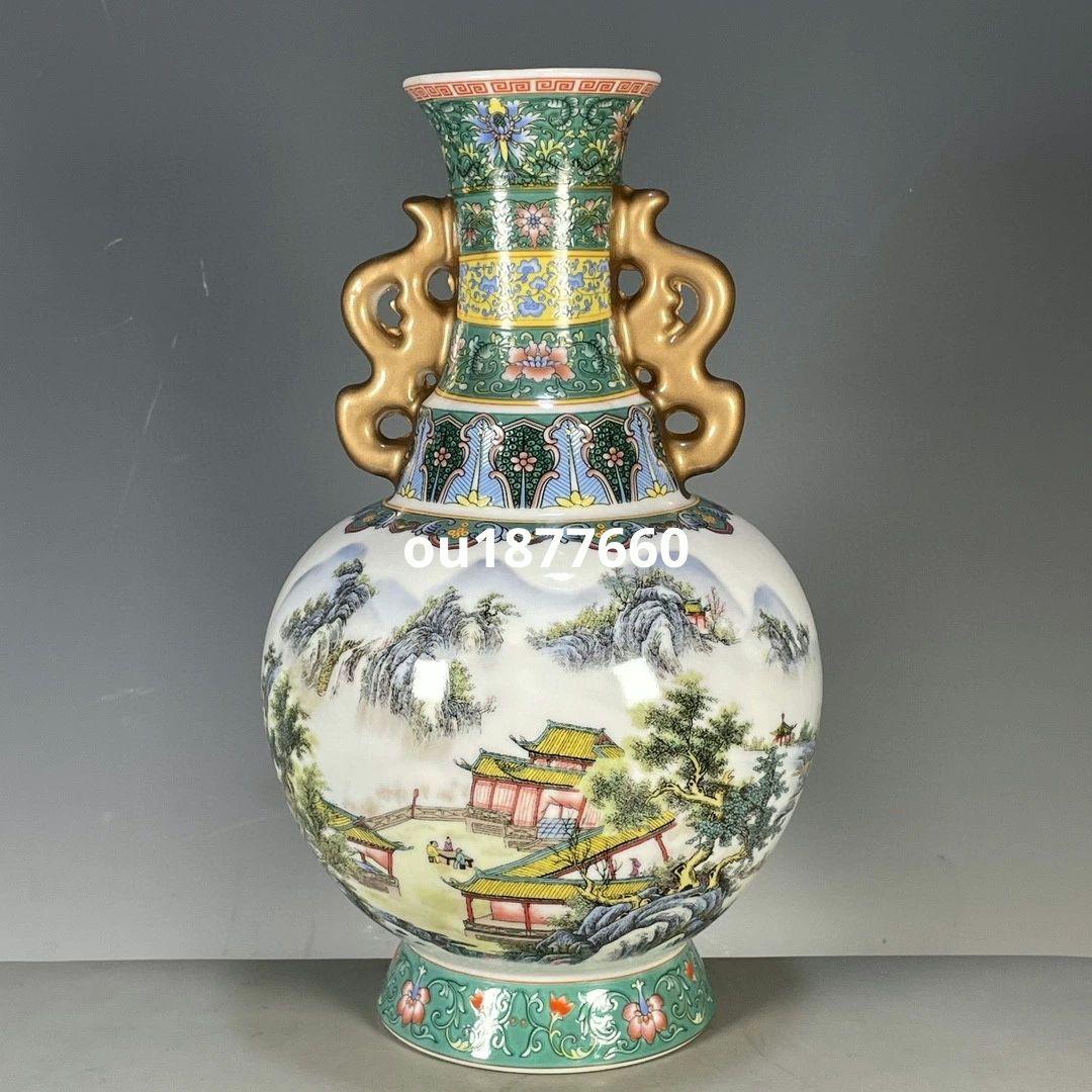 五色山水図紋両耳瓶 景徳鎮 陶磁器 装飾品 現代工芸品 美術品 置物 ke2006-1a.jpg