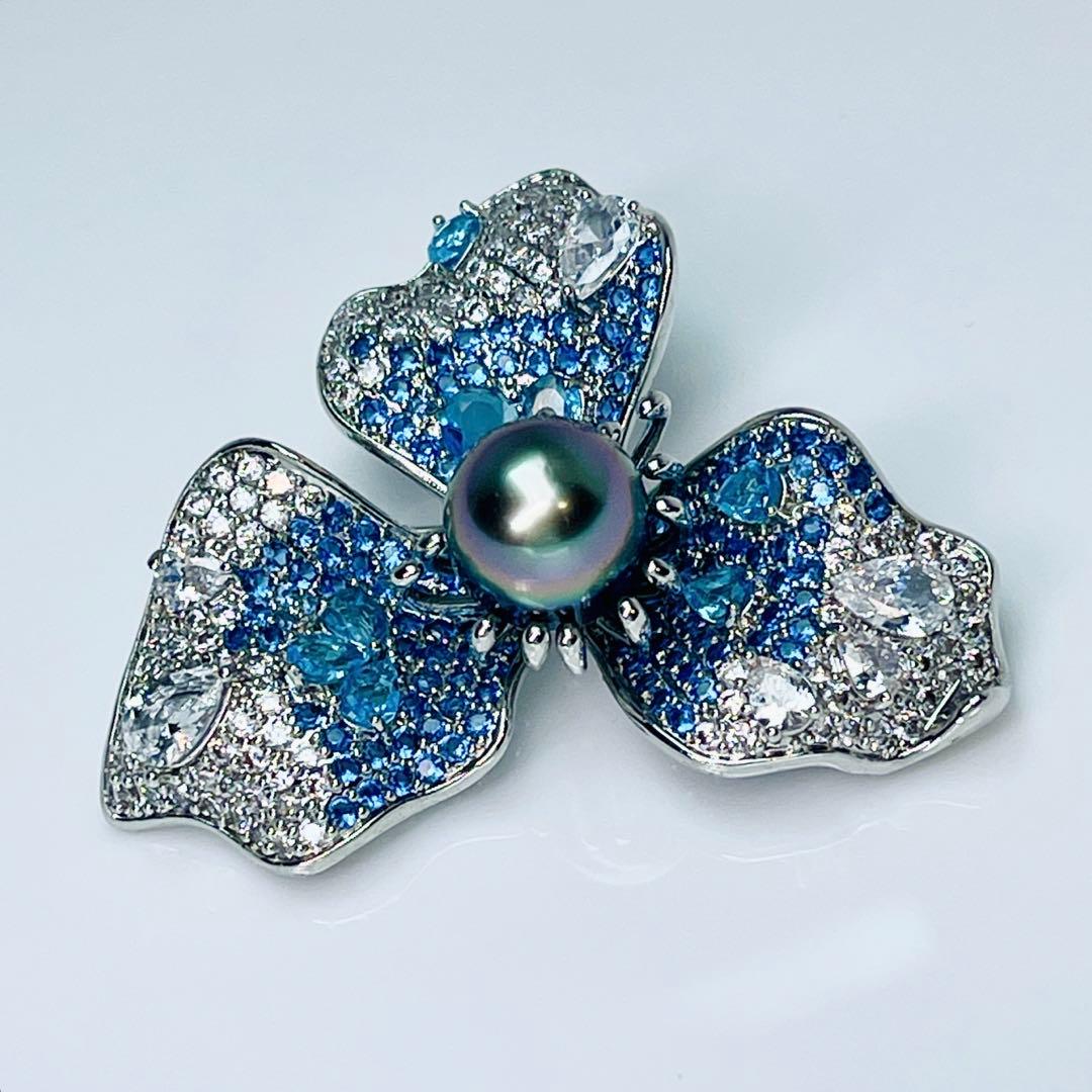 タヒチ　黑蝶真珠 南洋パール ブローチ　本真珠 ペンダント ピーコックグリーン