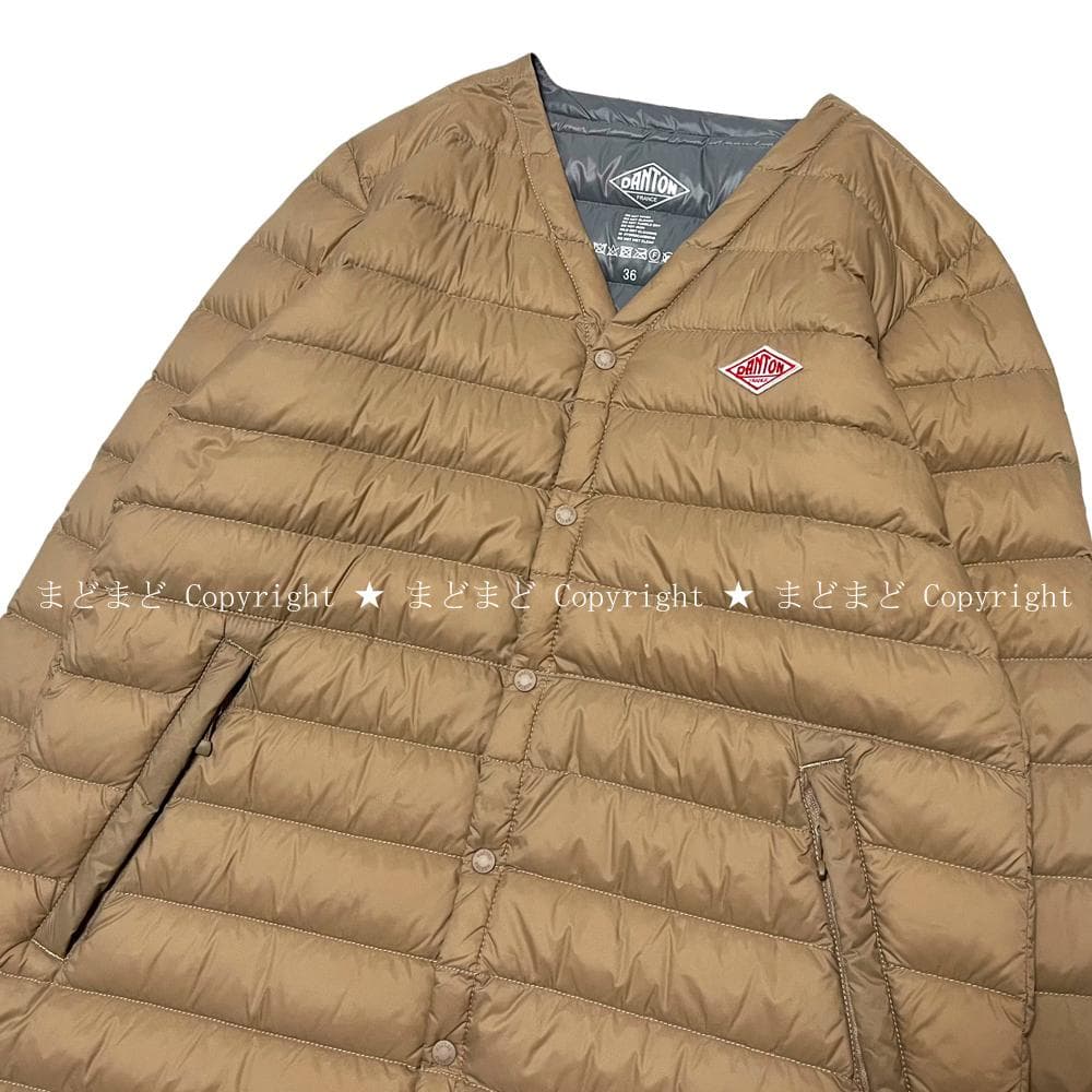 ダントン ノーカラー インナー ダウン コート 36 ベージュ レディース