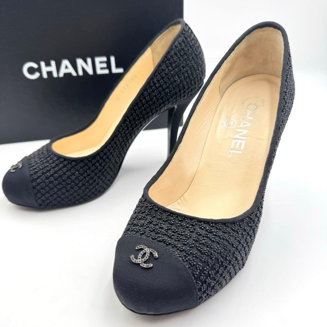 美品✨CHANEL ハイヒール　ココマーク　ブラック　サテン　23.5cm