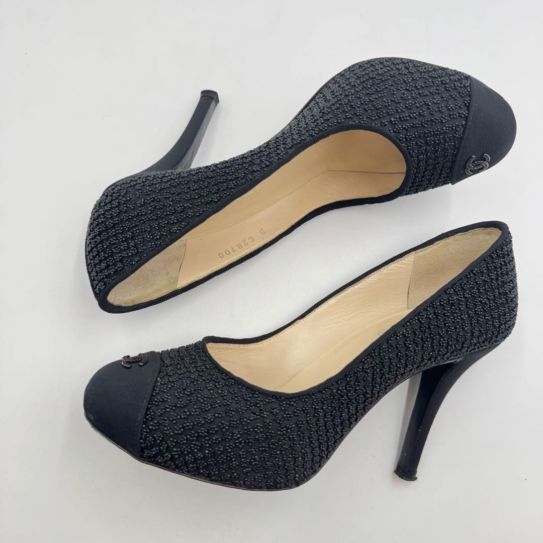 美品✨CHANEL ハイヒール　ココマーク　ブラック　サテン　23.5cm