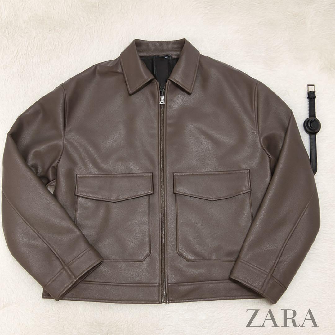 【極美品 2XL相当✨】ZARA レザージャケット ブラウン系 マガジンポケット