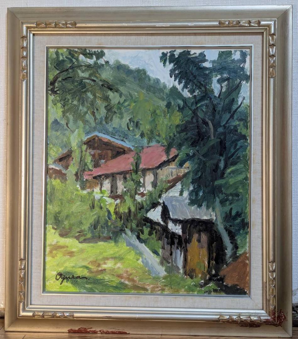 【真作】絵画　油彩8号　山里の赤屋根　緑豊かな風景　自然と暮らしの風景　Z44