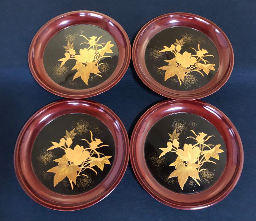 《レ》蒔絵 丸盆 菓子盆4客 木製漆器 木箱　260128く2