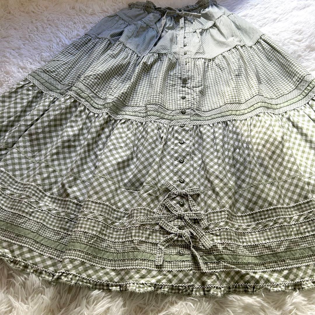 希少 ピンクハウス ギンガムチェック ティアードスカート リボン ピコ フリル