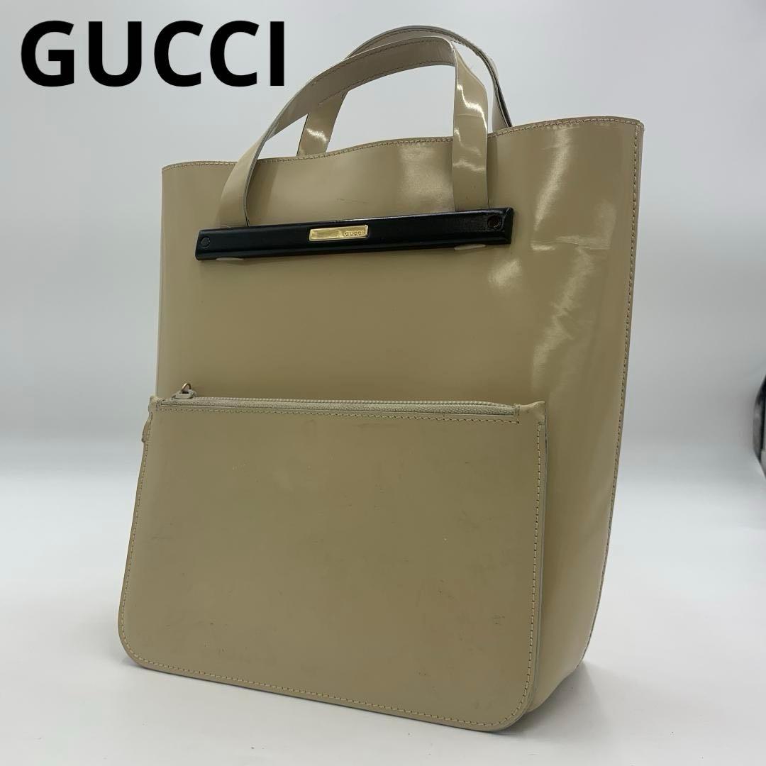 GUCCI グッチ ハンドバッグ トートバッグ エナメル ポーチ付き ベージュ