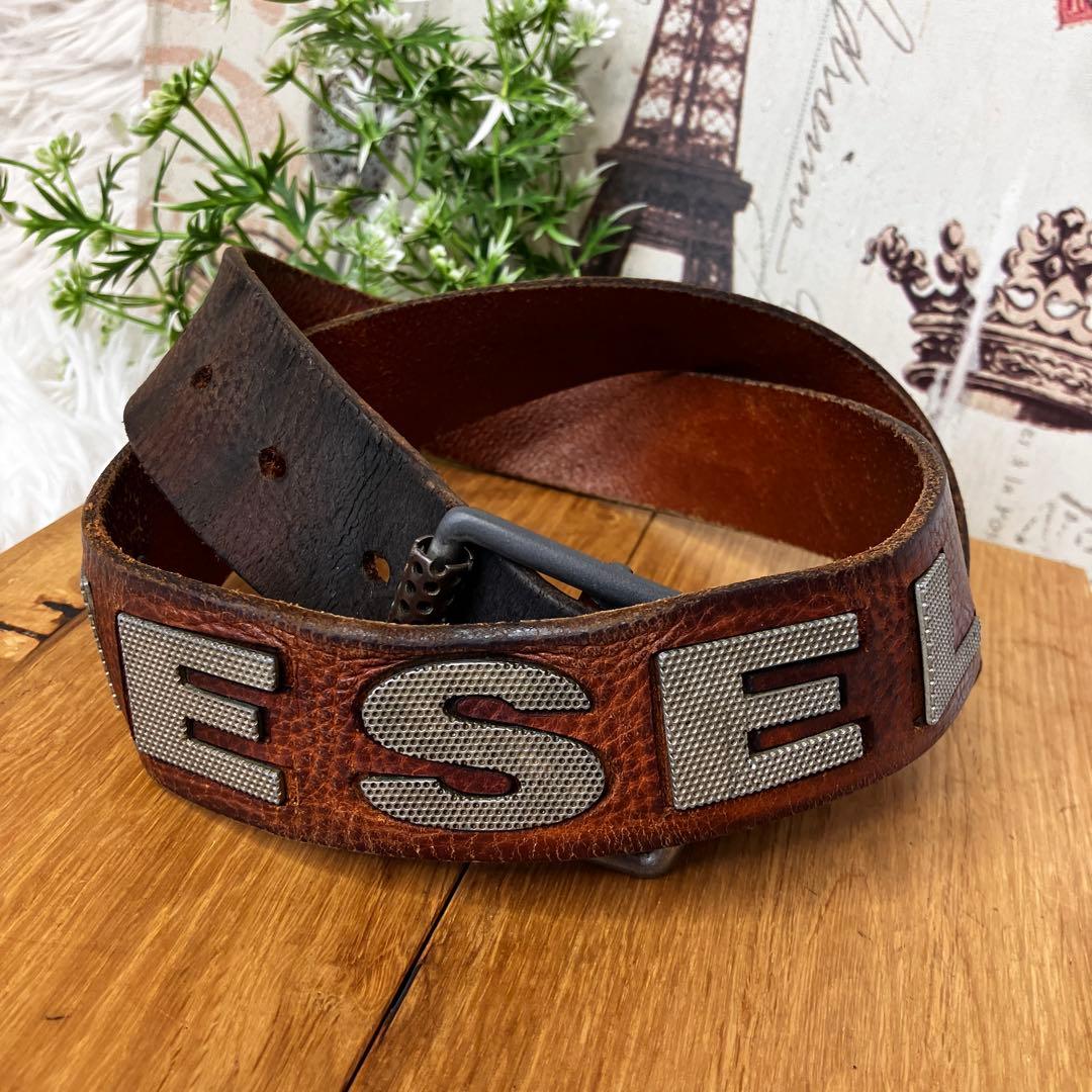 DIESEL ディーゼル レザー ベルト ブラウン メタルロゴ - メルカリ