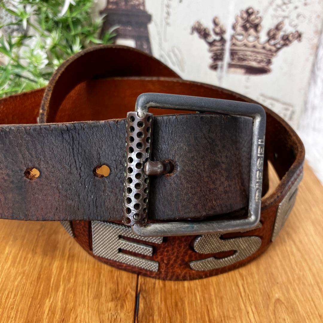 DIESEL ディーゼル レザー ベルト ブラウン メタルロゴ - メルカリ