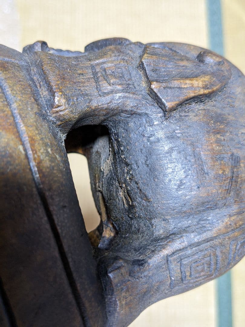 ♢中国古美術品 清時代 竹根 透かし彫り 親子象 置物飾り レア物 骨董