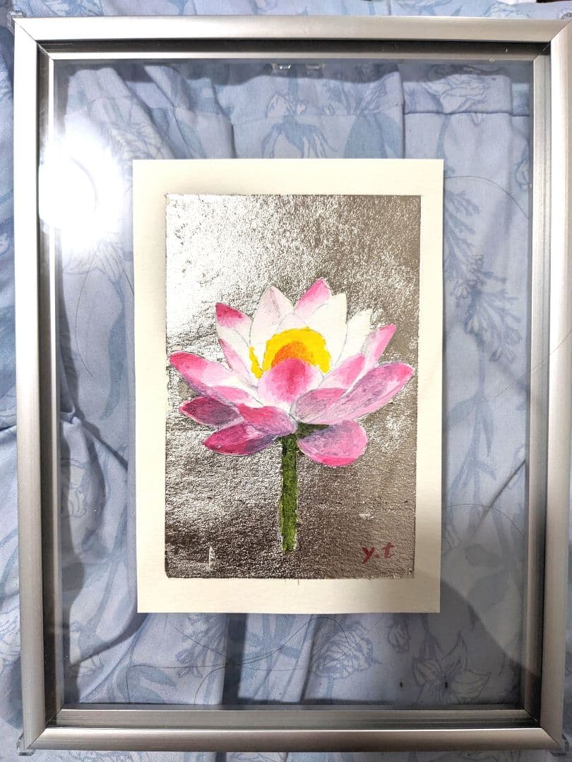 超美品！原画　最高級プラチナ箔で蓮華の花　アクリル画　絵画