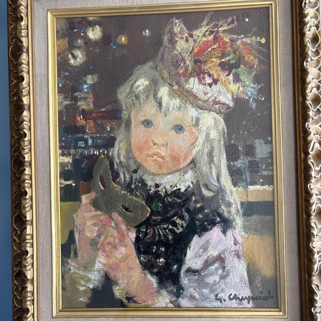 油彩画　「Ｓ．Cｈａｇｎｉｏｌ」作 マスクを持った少女　フランスの画家