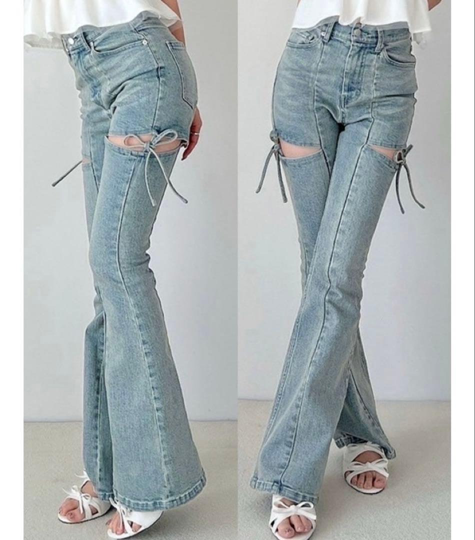 リゼクシー　RESEXXY カットアウトリボンデニムパンツ　M　タグ付き