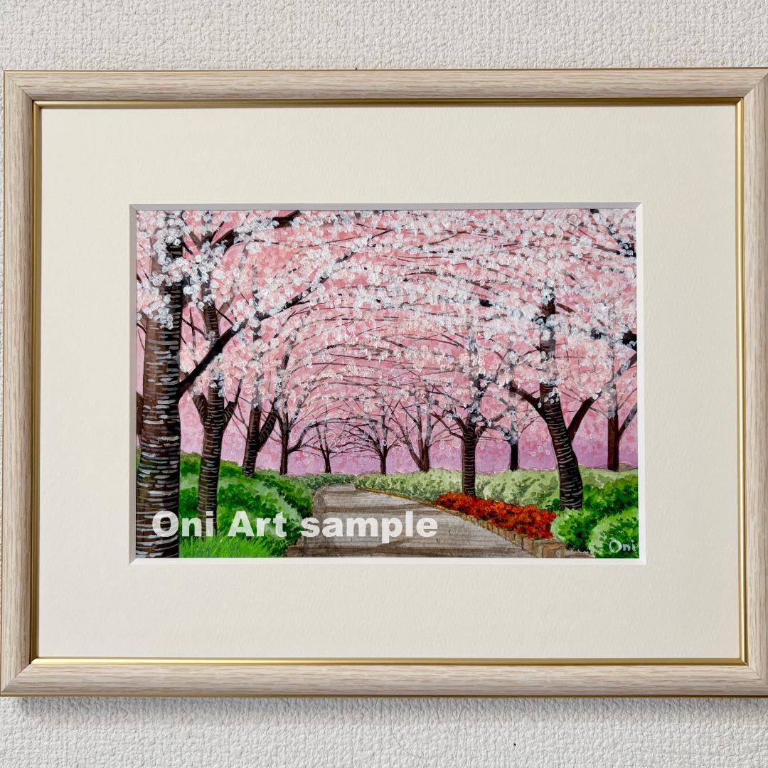アクリル画　原画　「桜の小径02」額縁付　SMサイズ　風景画
