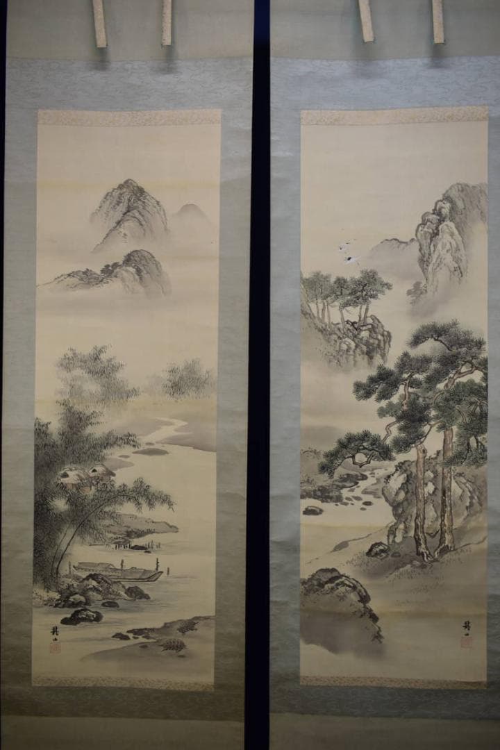 真作/石野龍山/山水屋形舟図/絹表装/双幅/布袋屋掛軸HH-877 道具 ] - 道具 玉雲筆 彩色山水 肉筆絹本掛軸（保護箱） | ネット