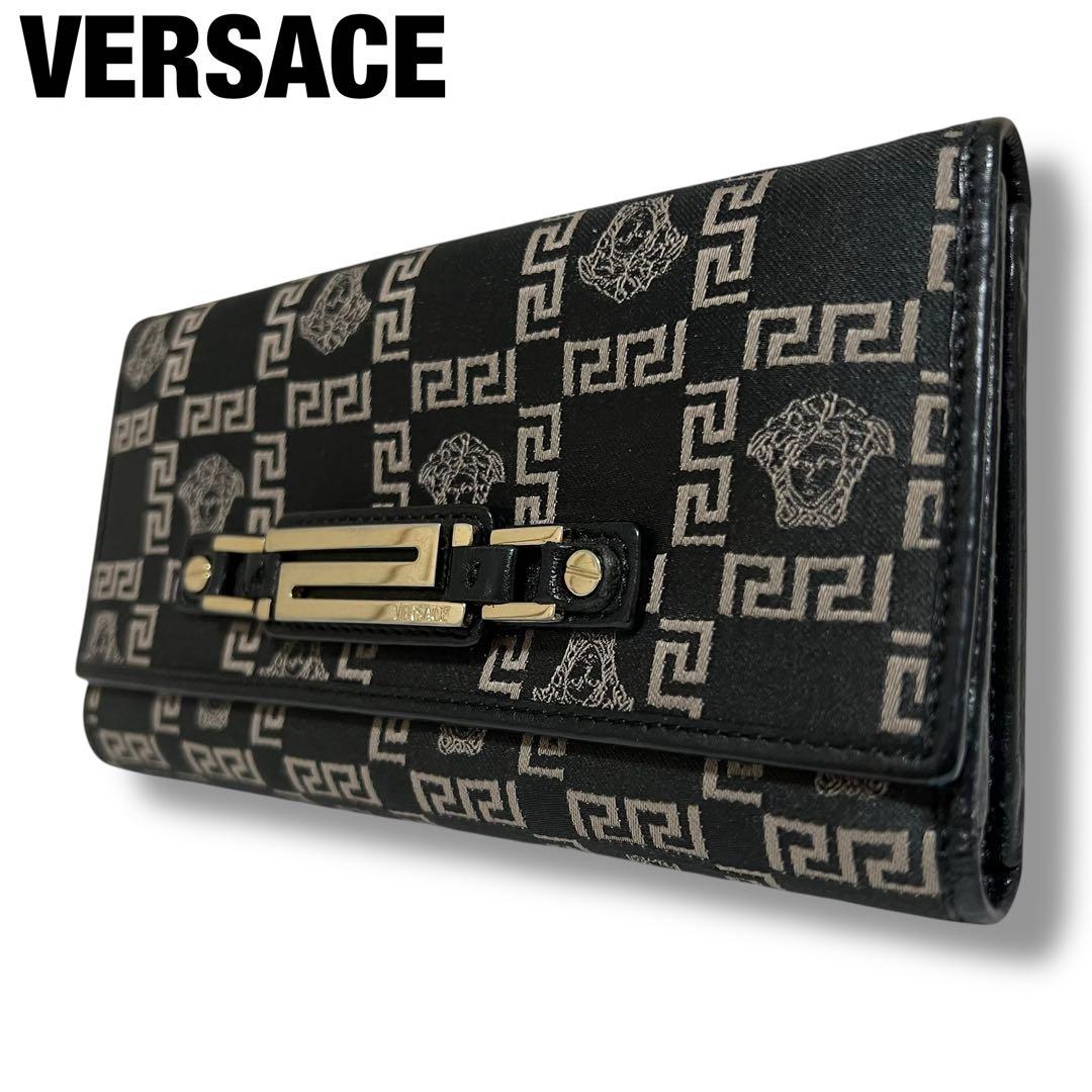 美品 VERSACE 長財布 キャンバス レザー ブラック グレカ メデューサ
