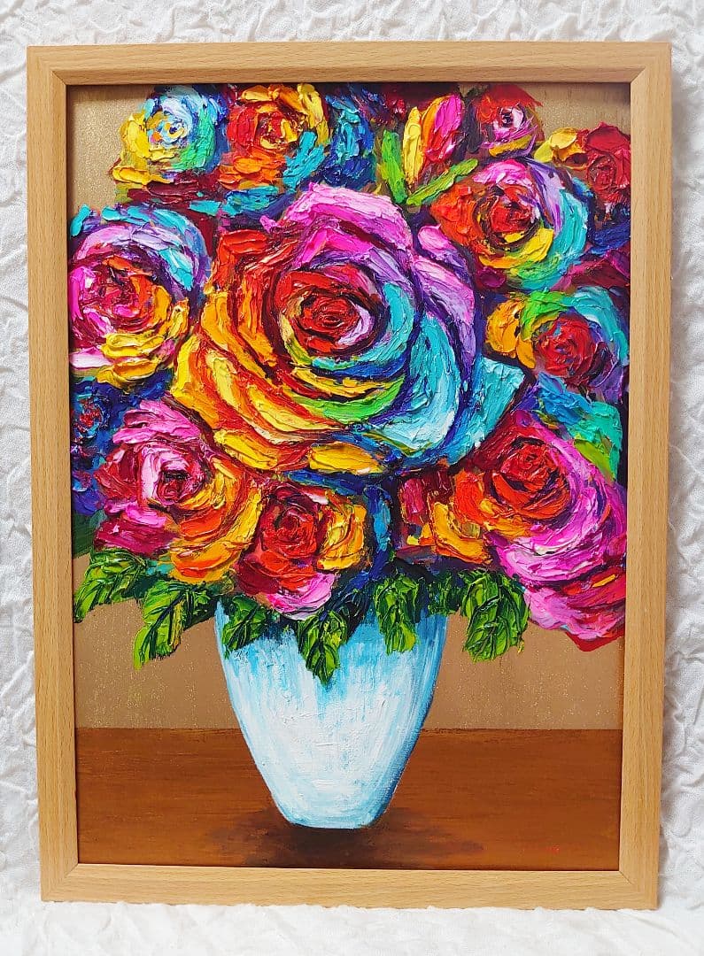 油絵 絵画 レインボーローズ【Ａ3】