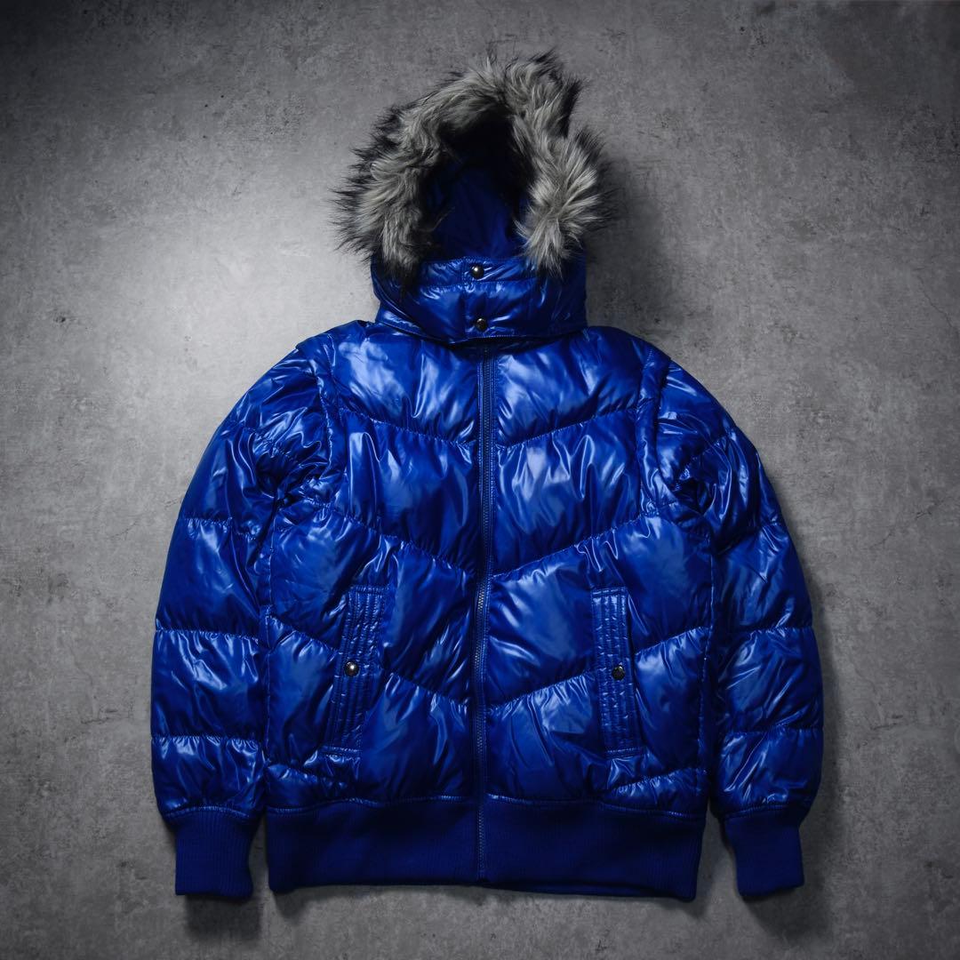 00s old uniqlo ファーフード ダウンジャケット ブルー 2way - メルカリ