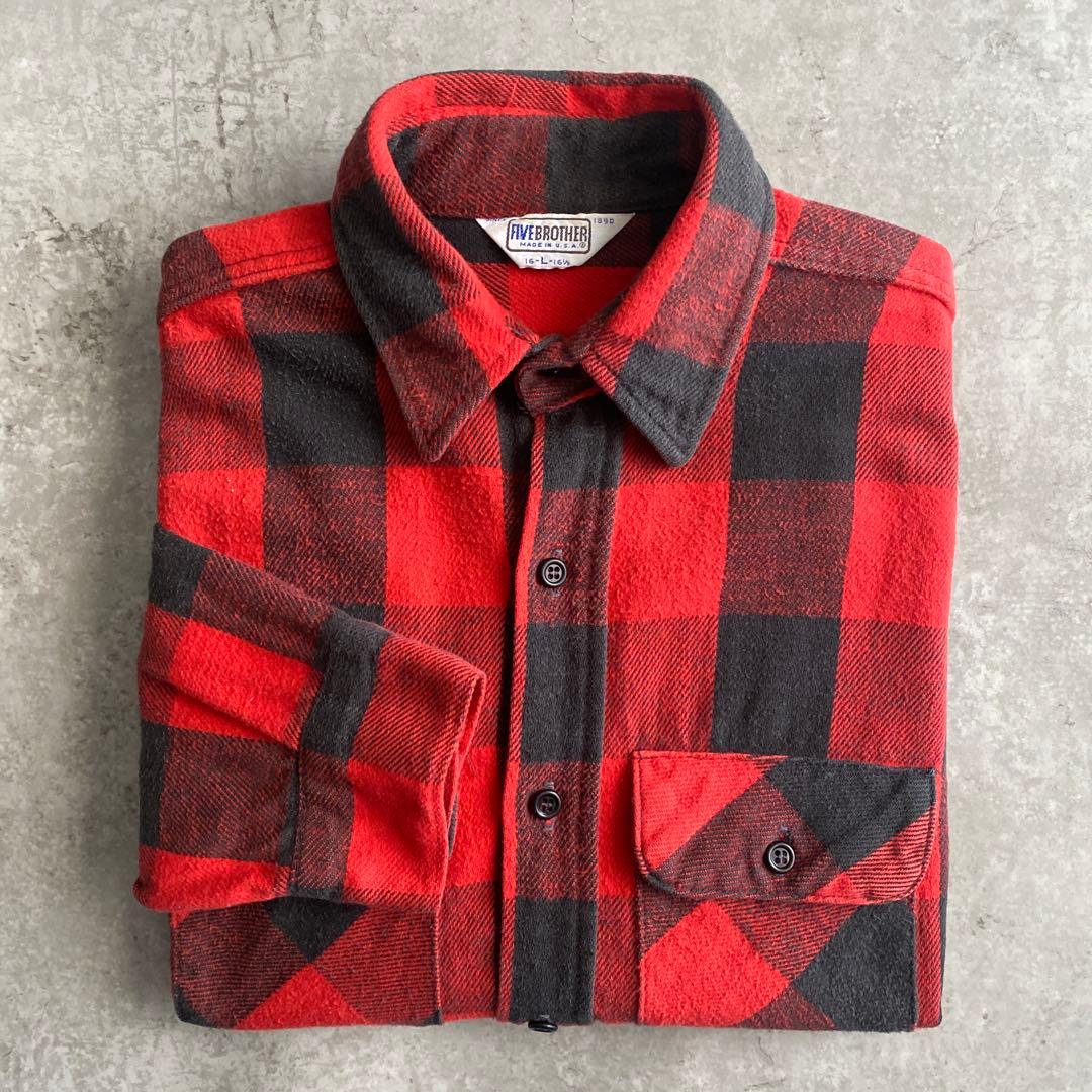 好配色70sファイブブラザーFIVE BROTHERネルシャツUSA製L赤×黒 FIVE BROTHER】ファイブブラザー 70s ネルシャツ 長袖シャツ
