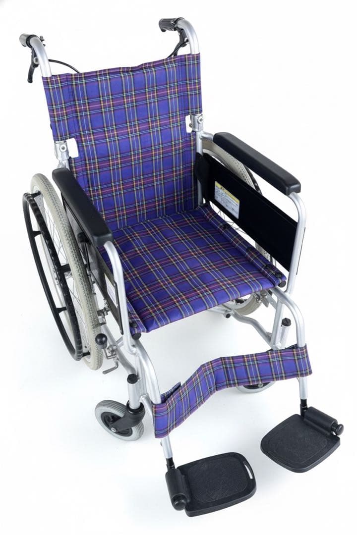 ★折りたたみ車椅子★カワムラサイクル 介助用車椅子 青・チェック柄