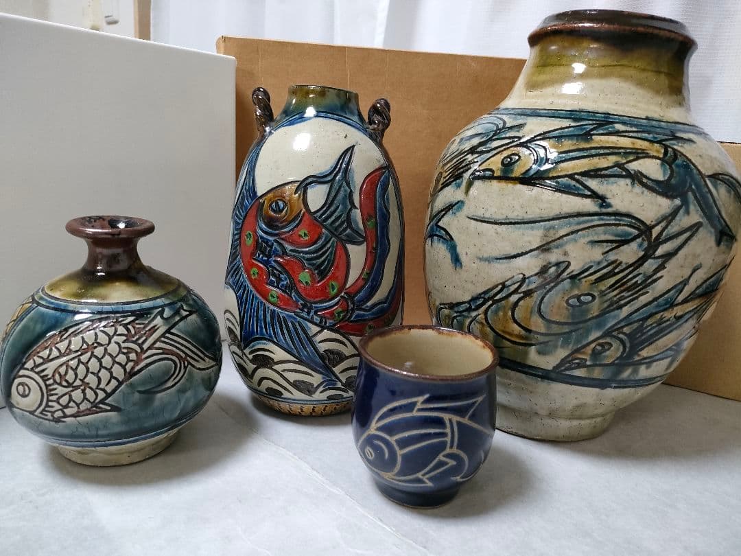 やちむん　金城次郎、裕三　宮城智　新垣勲　魚紋　まとめてセット　縁起物