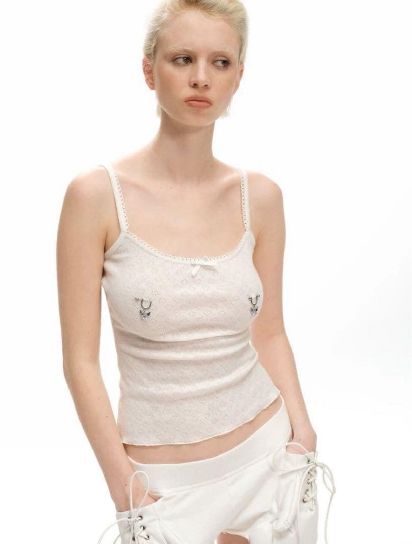 Nodress 2025SSホワイトニップスタッズ付きリボンキャミソール