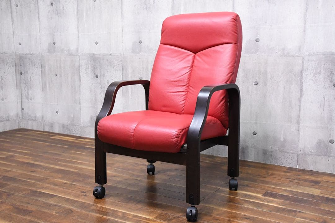 EHK74 冨士ファニチア キャスター付き リクライニング アームチェア レッド