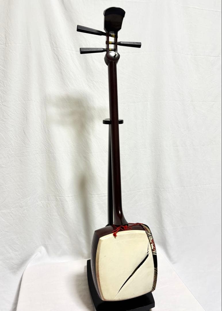【皮破れ有】三味線セット 中棹 綾杉彫り 東さわり 三つ折れ