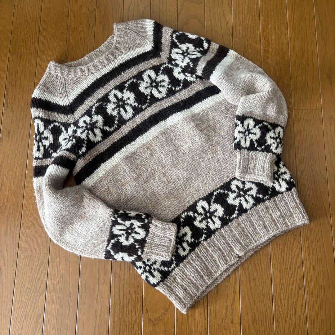 70s ビンテージ ハンドニット 花柄 ノルディック柄 手編み グレージュ