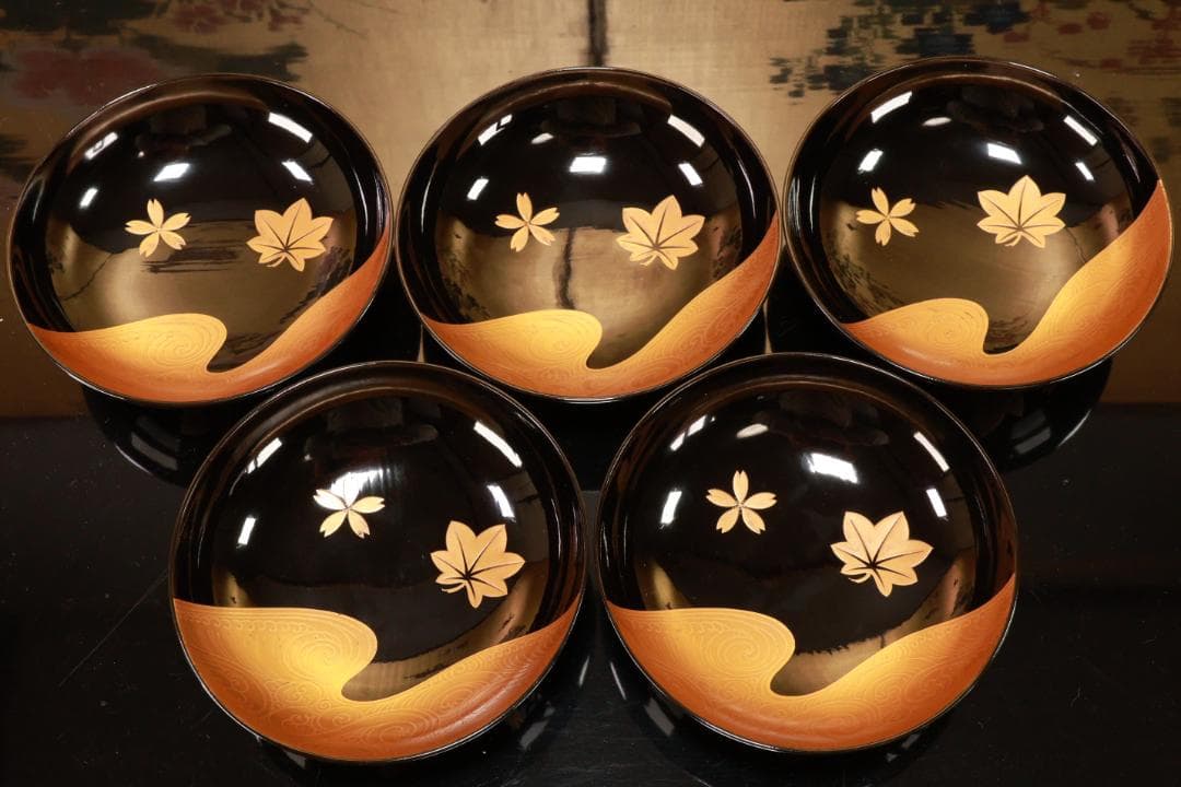 BJ110 時代輪島塗 流水紅葉桜図蒔絵 吸物椀 五客 木製 茶道具 懐石 会席