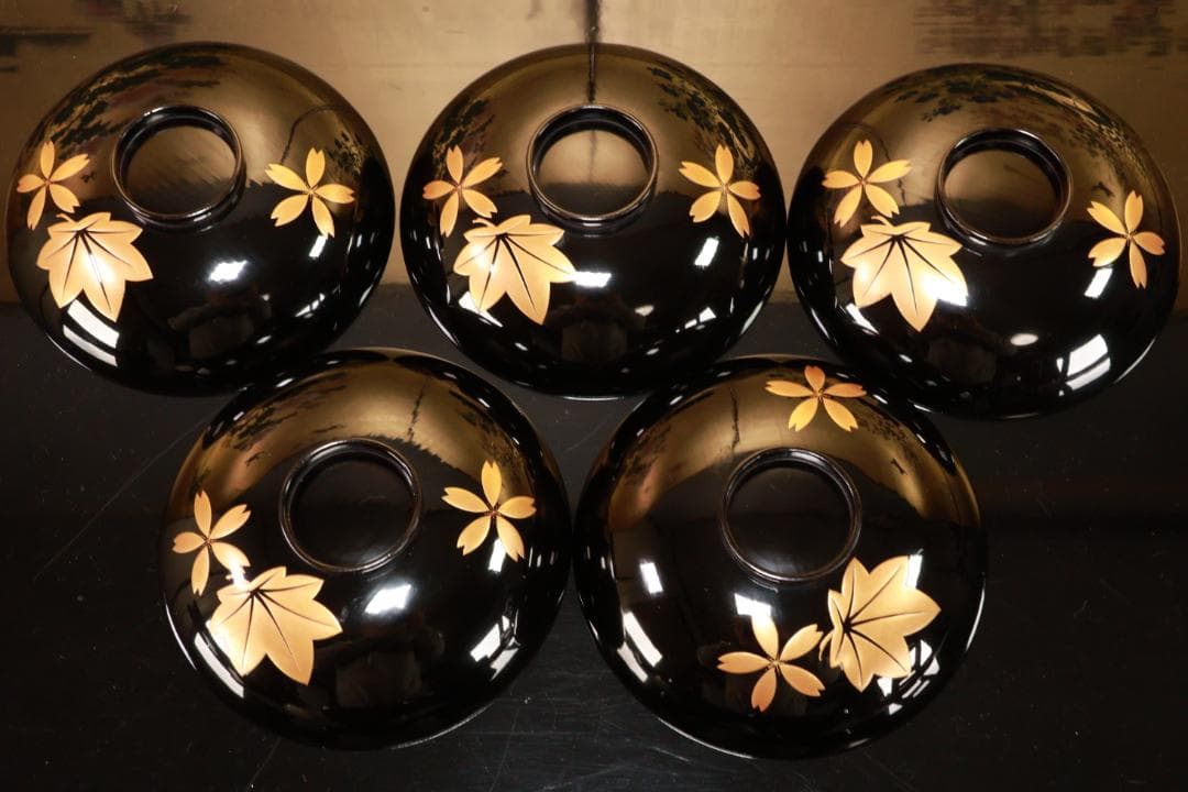 BJ110 時代輪島塗 流水紅葉桜図蒔絵 吸物椀 五客 木製 茶道具 懐石 会席