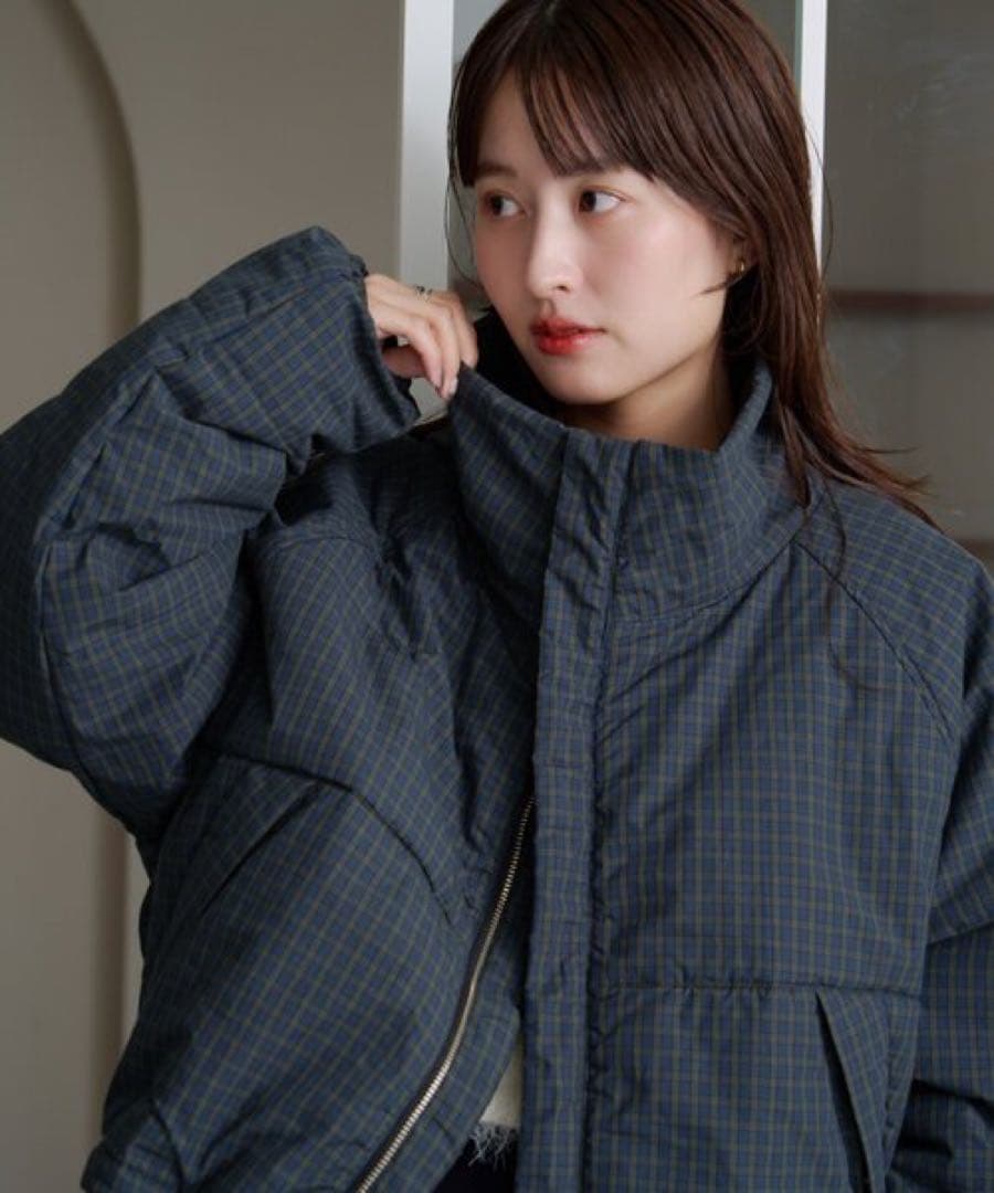 ダークグリーン チェック柄 ダウンジャケット