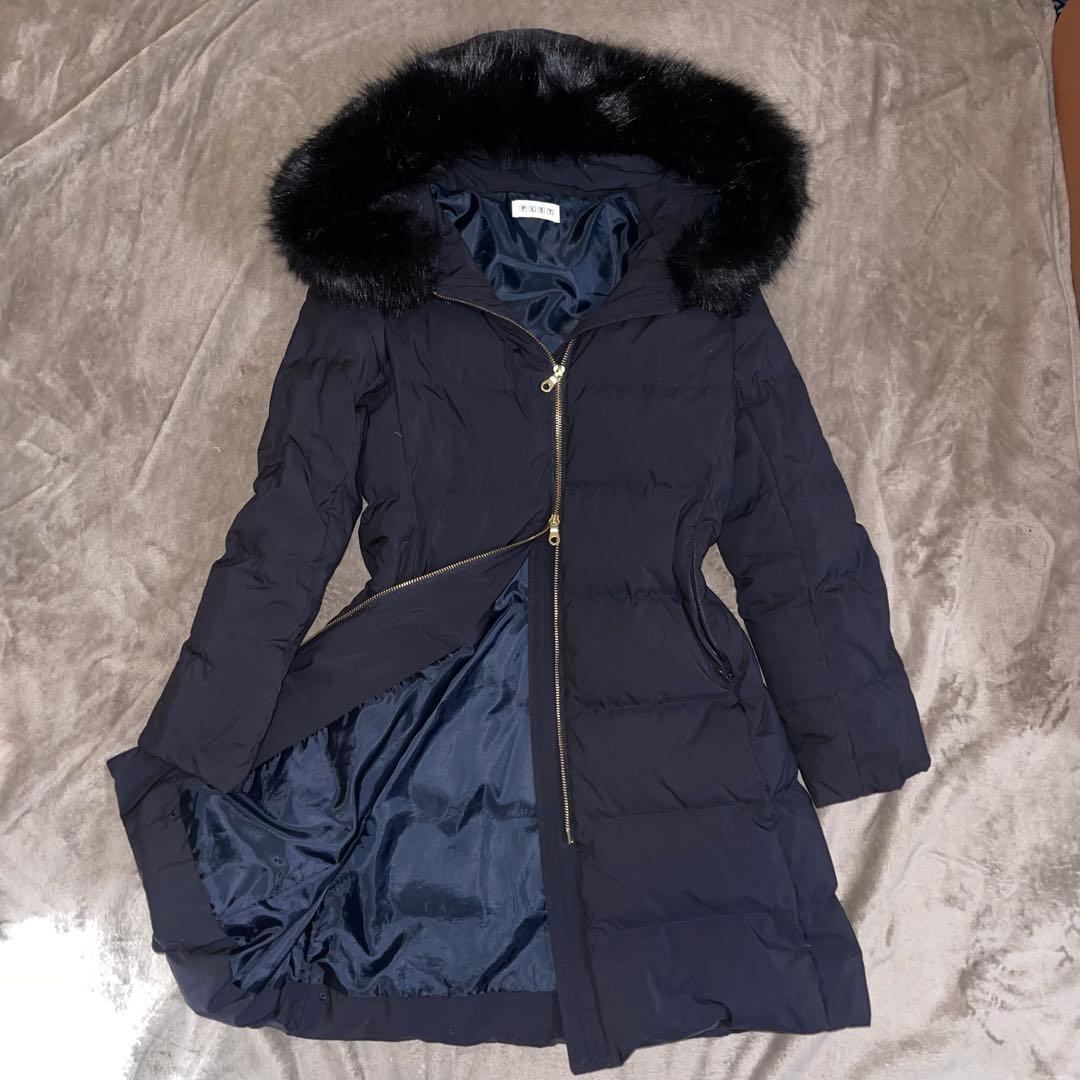 PLST ダウンジャケット ロング ファー フード付き ネイビー サイズS