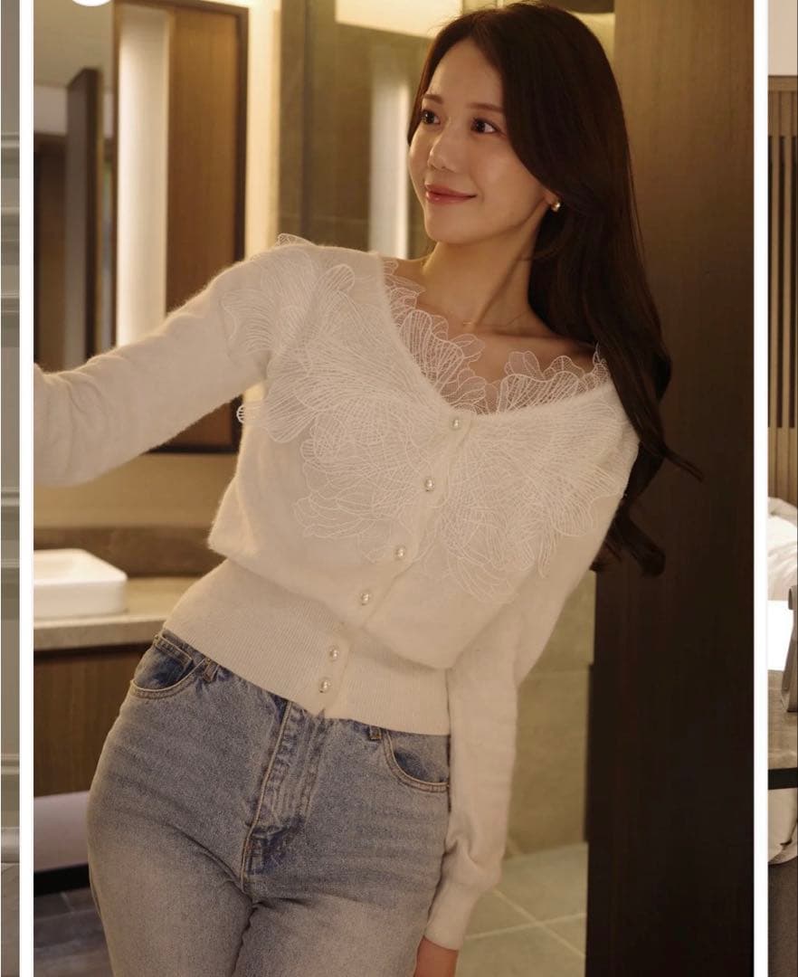 新品タグ付】polaura ポローラ レースフリルカーディガン ホワイト