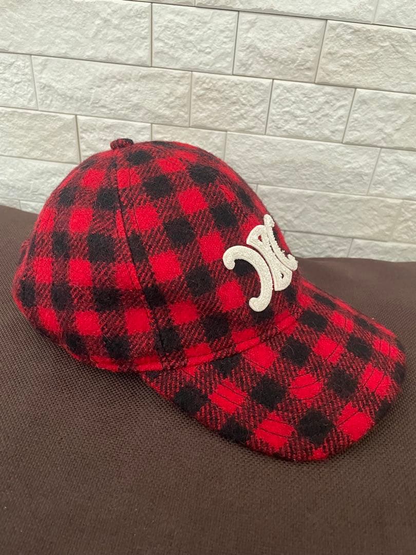 CELINE セリーヌ ⭐️チェック柄 ベースボールキャップ レッド
