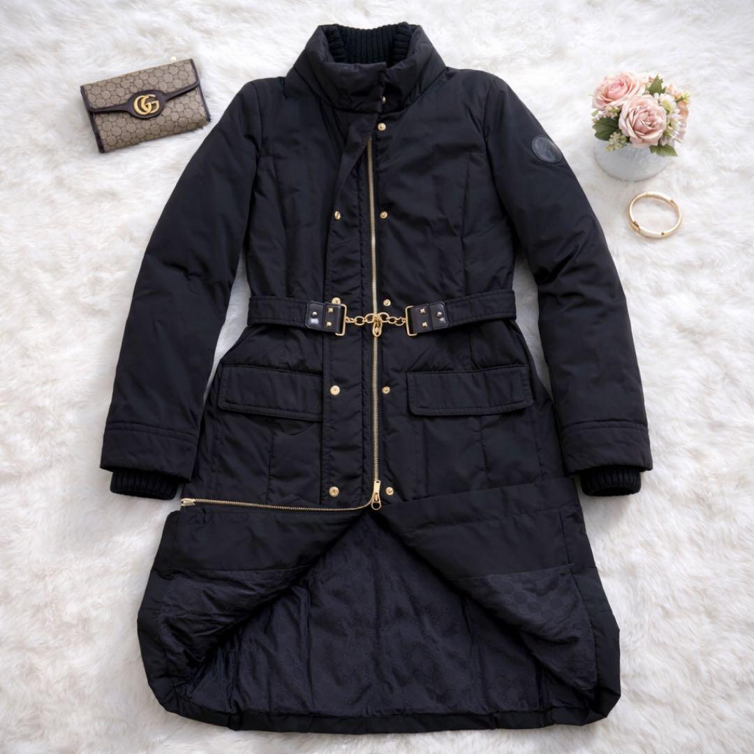 美品 GUCCI ロング ダウンコート 36 GG裏地 ゴールド金具 ベルト付