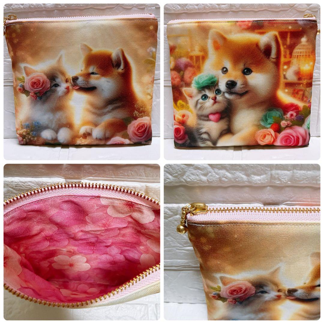 フラットポーチ ハンドメイド 犬柄 柴犬君と子猫ちゃん② 両面パネル