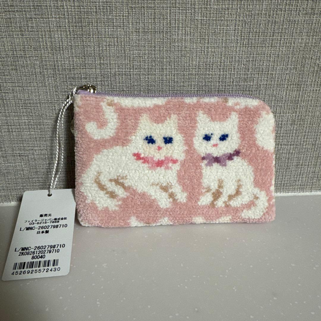 新品未使用】フェイラー モフモフネコチャン L字ポーチ ペールピンク