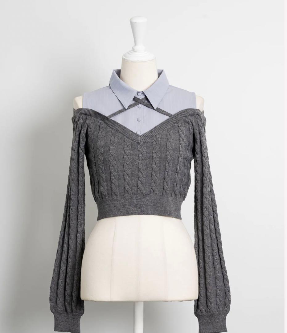 pium シャツレイヤードオープンショルダーニット チャコール