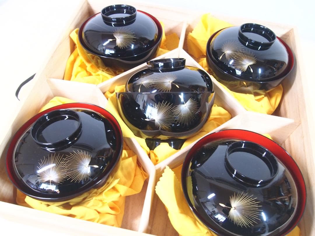 【未使用】輪島塗 元岡光漆堂 飛花沈金 雑煮椀 5客 煮物椀/大椀 食器/漆器