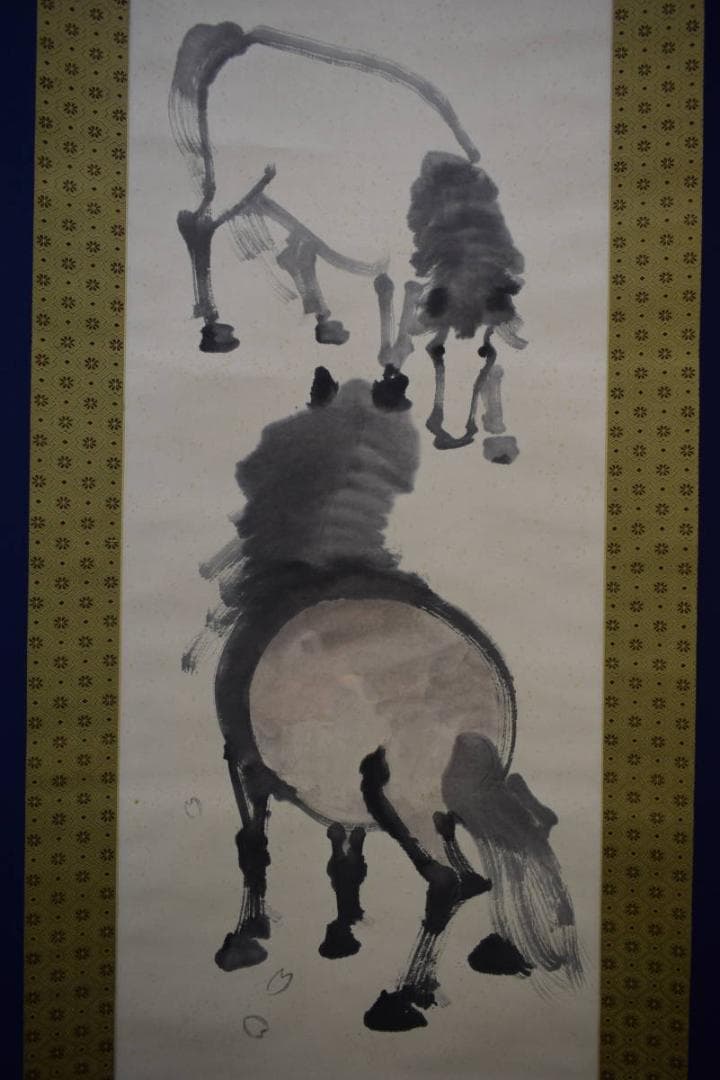 真作/鹿子木孟郎/春馬図/春駒/桜/布袋屋掛軸HI-579