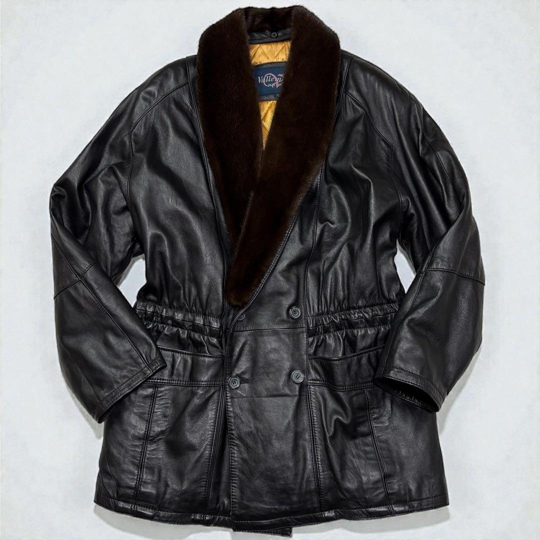 90s　レザーコート　ダブル　襟ファー　キルティング　L　羊革　黒　ヴィンテージ