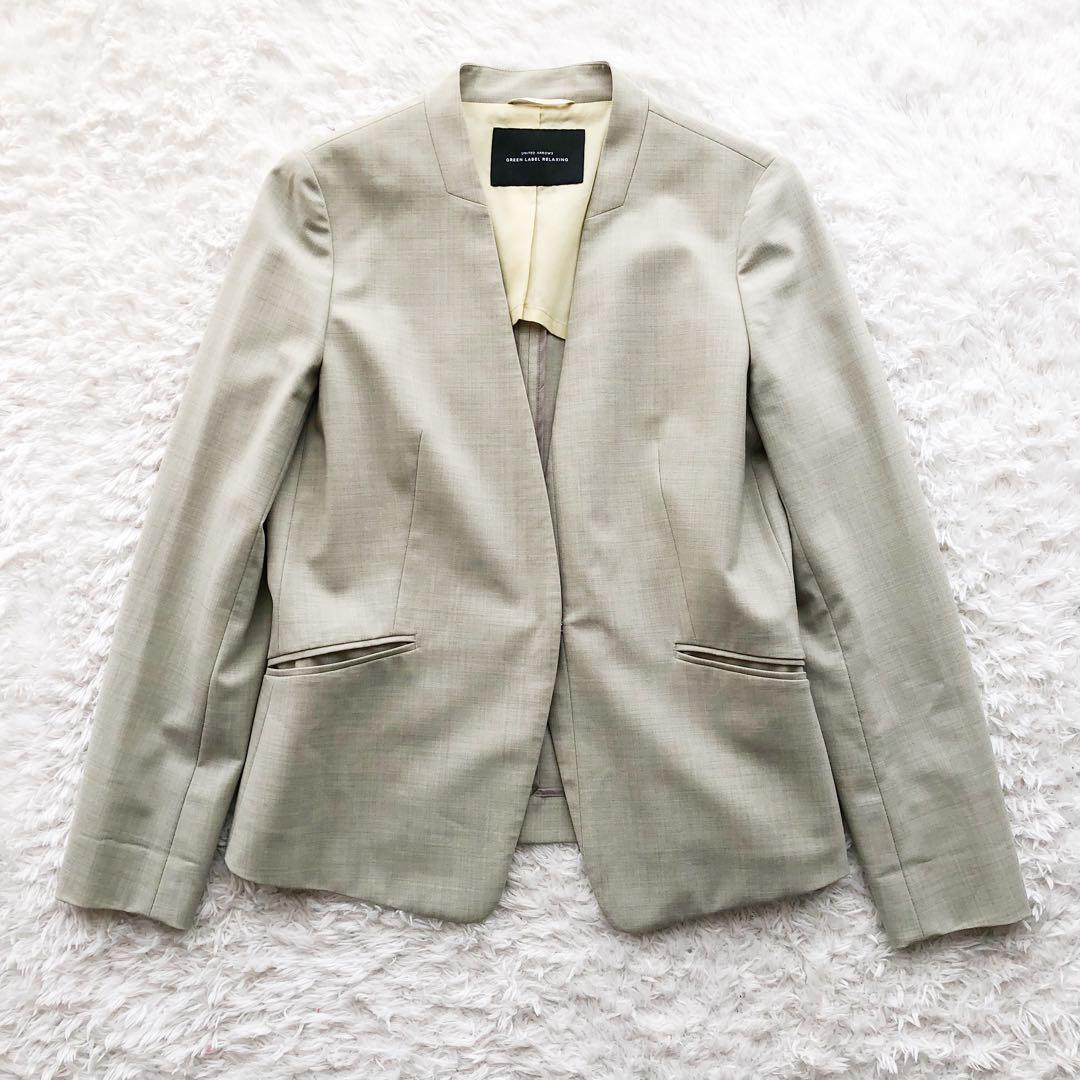 《グリーンレーベルリラクシング》ノーカラー　パンツスーツ　ウォッシャブル　36