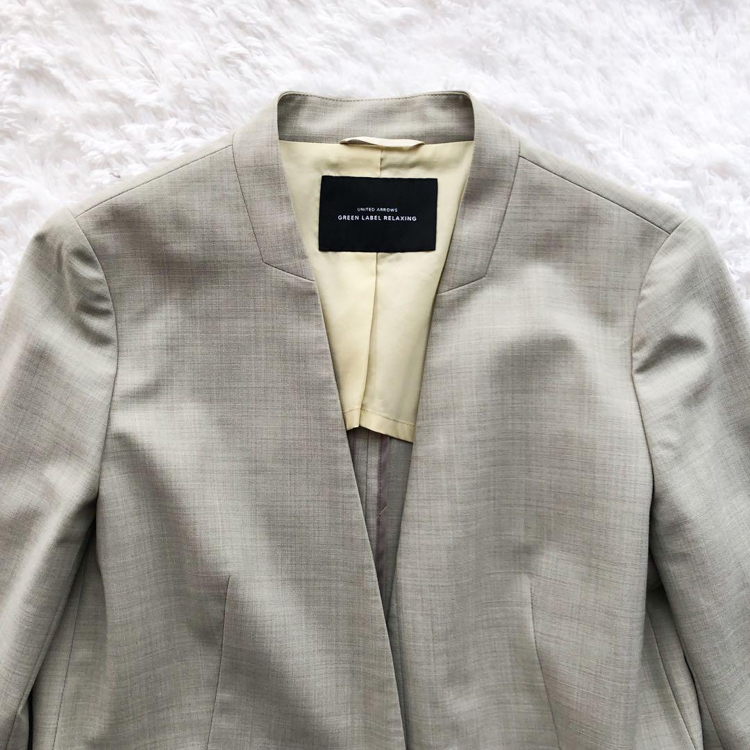 《グリーンレーベルリラクシング》ノーカラー　パンツスーツ　ウォッシャブル　36