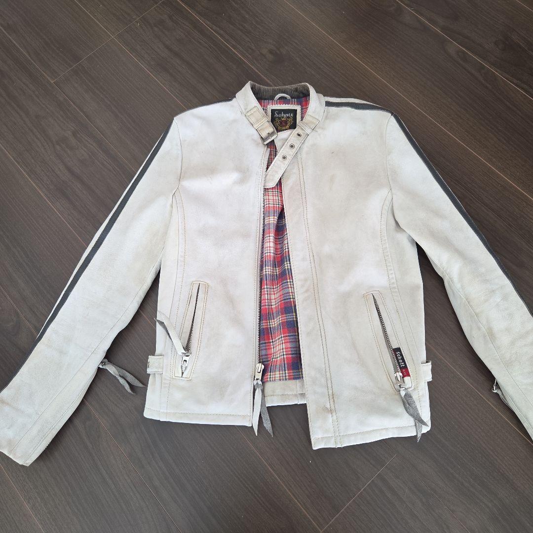 SchottホワイトレザーライダースジャケットXS 米国製】Schott レザー ライダースジャケット 白 40 ダブル 本革