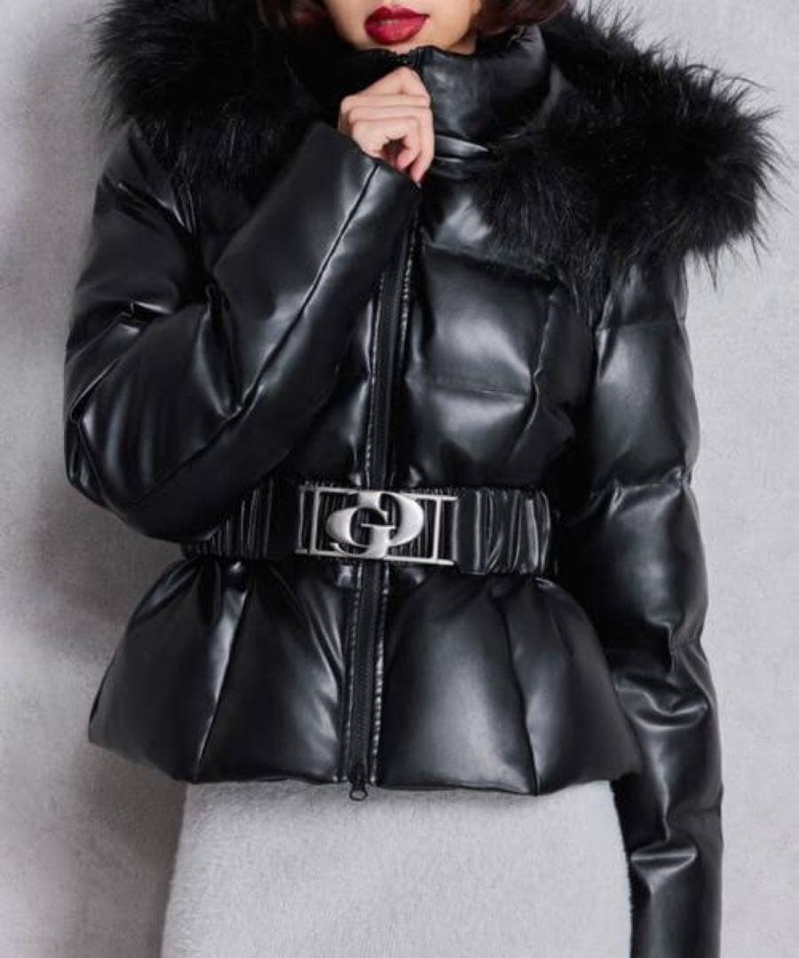 GYDA レザー ショート ファー付き ブラック ダウン ジャケット