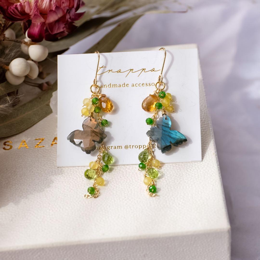 白妙 ♦︎14kgfラブラドライトバタフライカービングピアス/イヤリング