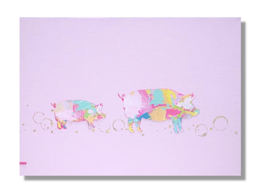 絵画　油絵　原画　一点物　動物　豚　ピンク　北欧　プレゼント　インテリア　F4