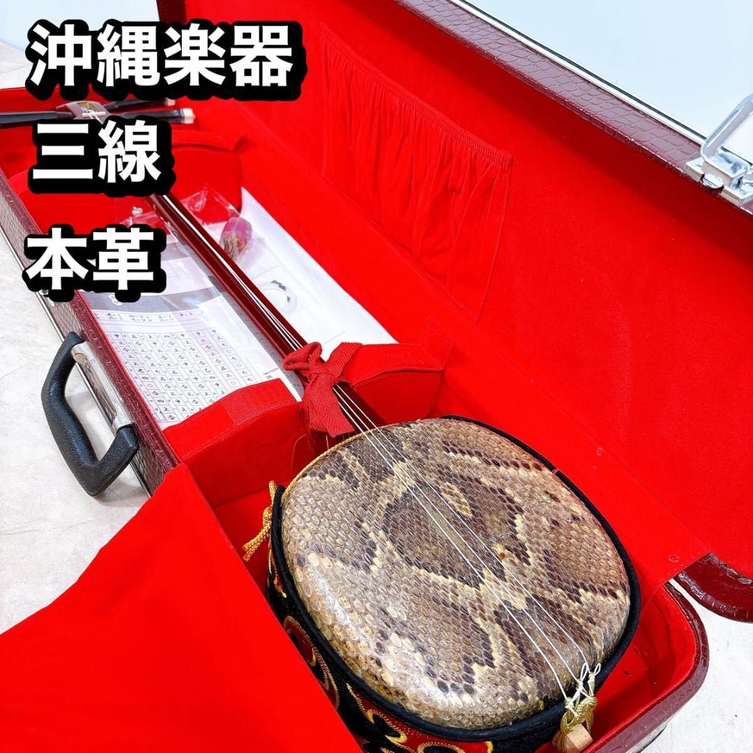沖縄　三線 本蛇革 ケース付き 初心者 入門 蛇皮 本革