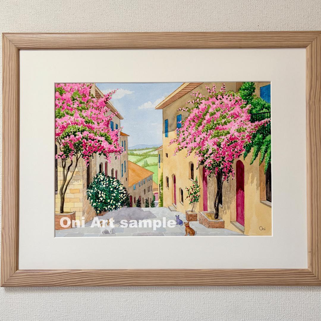 透明水彩画　原画　「花の咲く路地08」額縁付　B3サイズ　風景画 366bc983f0dfcf4c2e99da6ddc6ce0