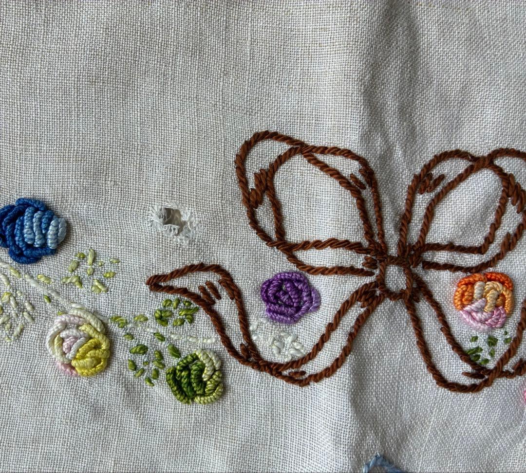 フランスアンティーク ヴィンテージ*大きな花かご刺繍 ドイリー かごカバー